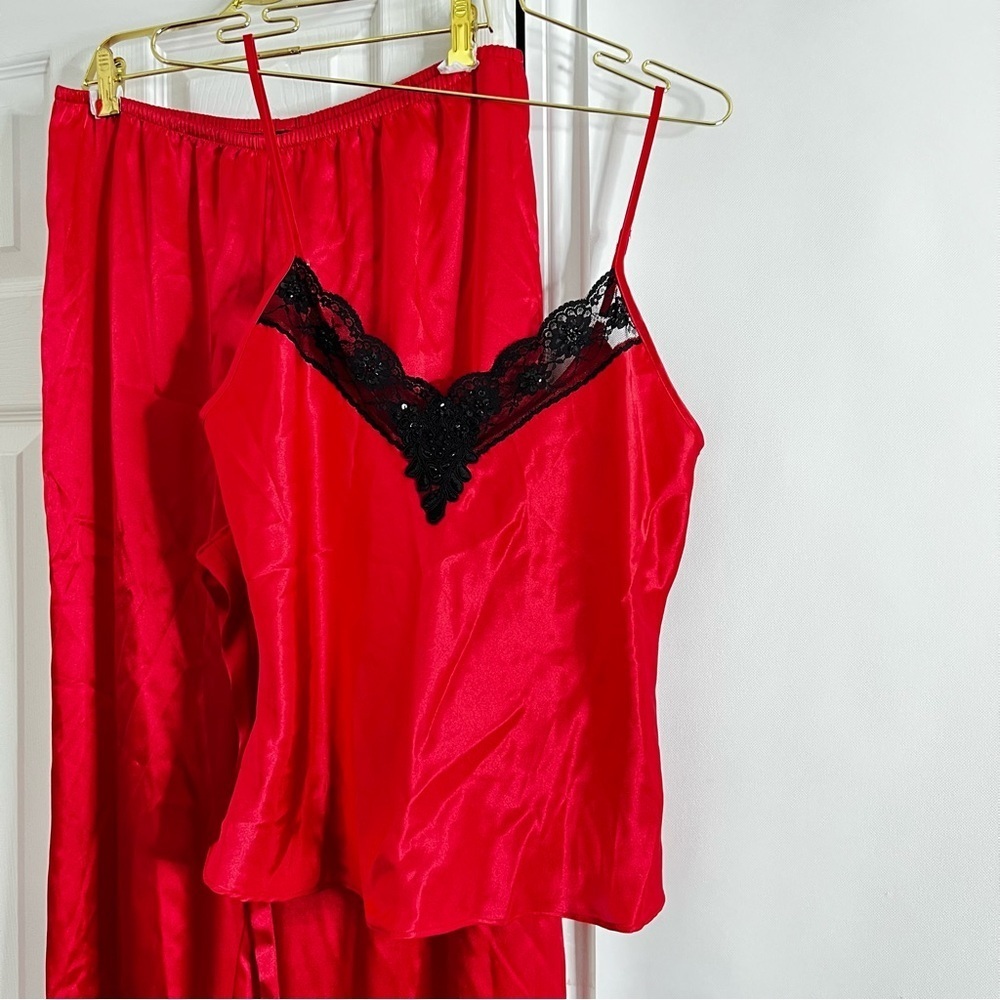 Private Luxuries Pajama Set Size Medium Vintage Red Scarlet 100% Polyester Lace - Picture 8 of 12